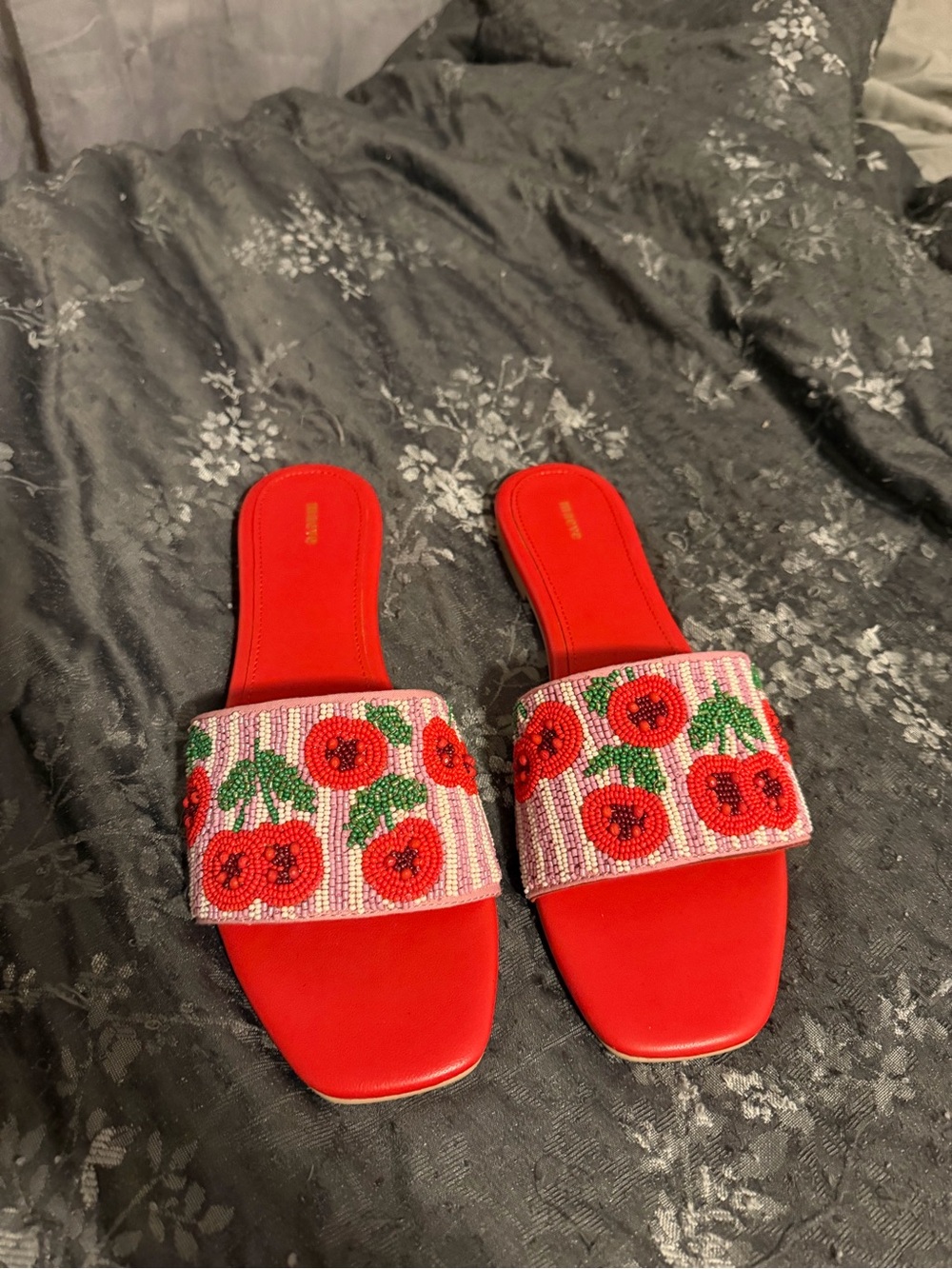 Anthropologie Maeve Red Beaded Cherry Slide Sandals - size 39 - comes with box